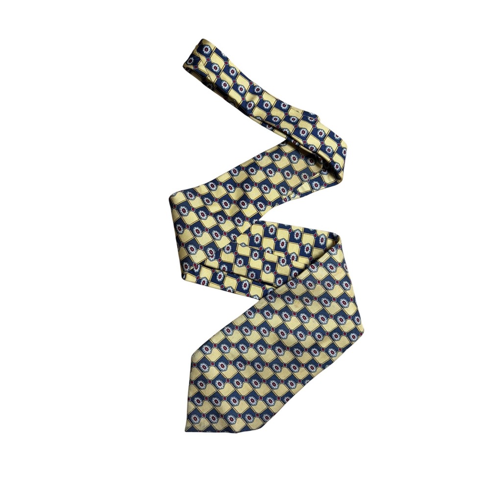 Y2K Christian Dior Cravate Mens Silk Necktie Yellow Navy Geometric Medallion 58"
